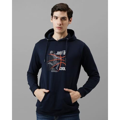 Adro Men's Cotton Blend Neck Hooded Sweatshirt (H24-Bcl-Nb_Navy Blue