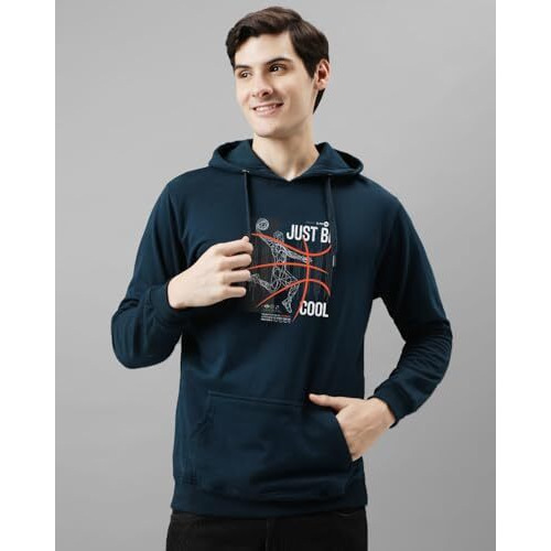 Adro Men's Cotton Blend Neck Hooded Sweatshirt (H24-Bcl-Sb_Teal