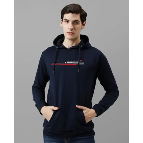 Adro Men's Cotton Blend Neck Hooded Sweatshirt (H24-Rac-Nb_Navy Blue