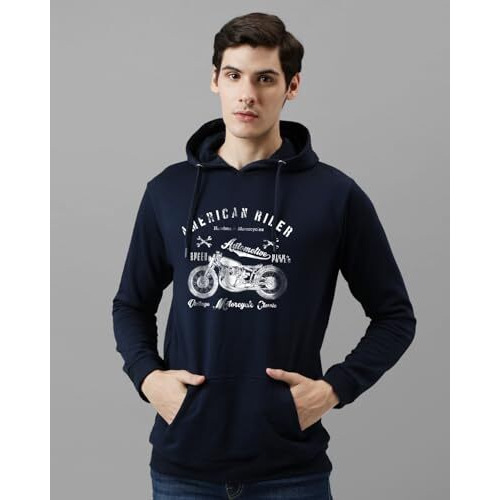 Adro Men's Cotton Blend Neck Hooded Sweatshirt (H24-Ame-Nb_Navy Blue