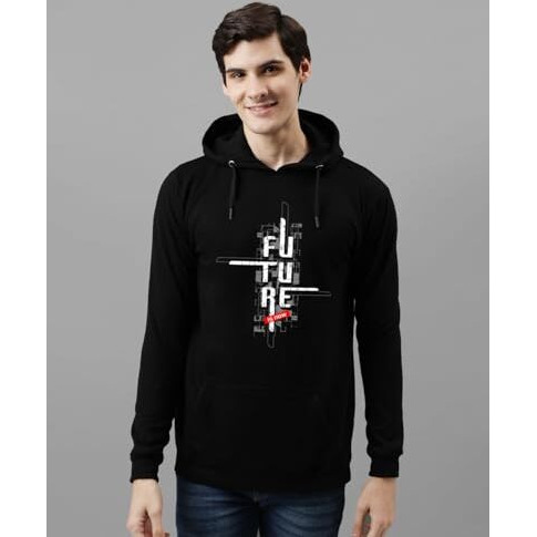 Adro Men's Cotton Blend Neck Hooded Sweatshirt (H24-Ftr-Bl_Black