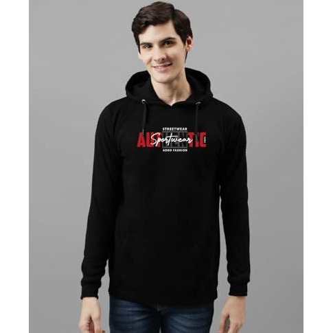 Adro Men's Cotton Blend Neck Hooded Sweatshirt (H24-Spt-Bl_Black