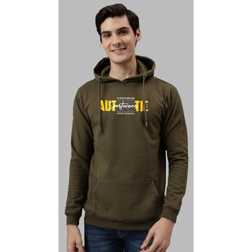 Adro Men's Cotton Blend Neck Hooded Sweatshirt (H24-Spt-Ol_Olive