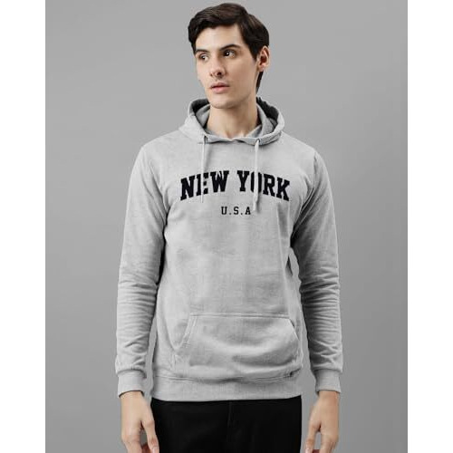 Adro Men's Cotton Blend Neck Hooded Sweatshirt (H24-New-Gr_Grey