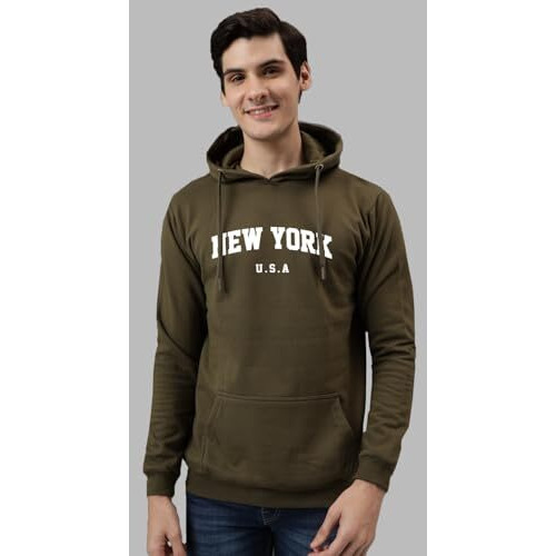 Adro Men's Cotton Blend Neck Hooded Sweatshirt (H24-New-Ol_Olive