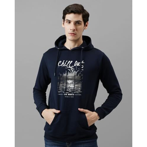 Adro Men's Cotton Blend Neck Hooded Sweatshirt (H24-Chill-Nb_Navy Blue
