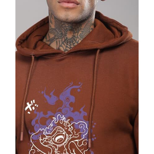 Adro Men's Cotton Neck Hooded Sweatshirt (H24-Luffy-Br_Downtown Brown