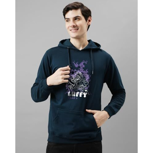 Adro Men's Cotton Blend Neck Hooded Sweatshirt (H24-Luffy-Sb_Teal