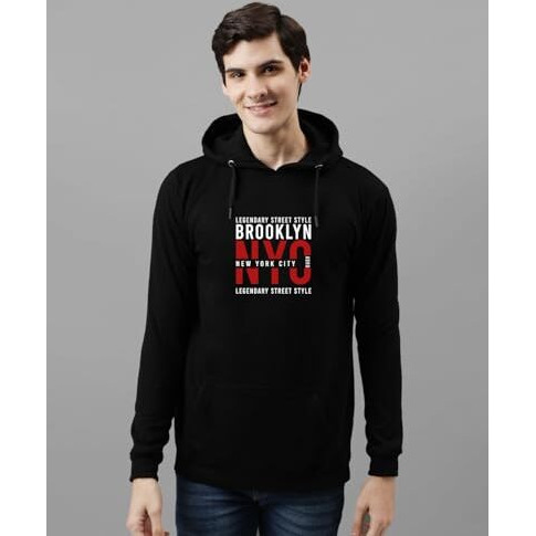 Adro Men's Cotton Blend Neck Hooded Sweatshirt (H24-Nyc-Bl_Black