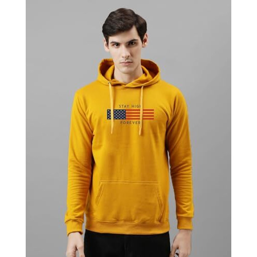 Adro Men's Cotton Blend Neck Hooded Sweatshirt (H24-Flag-Mu_Mustard