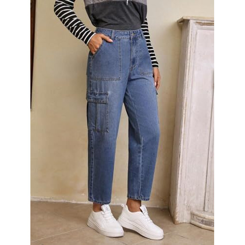 Kotty Women's Jean Slim Fit High-Rise Light Fade Stretchable Cargo Cargo Jeans(Blue,32)