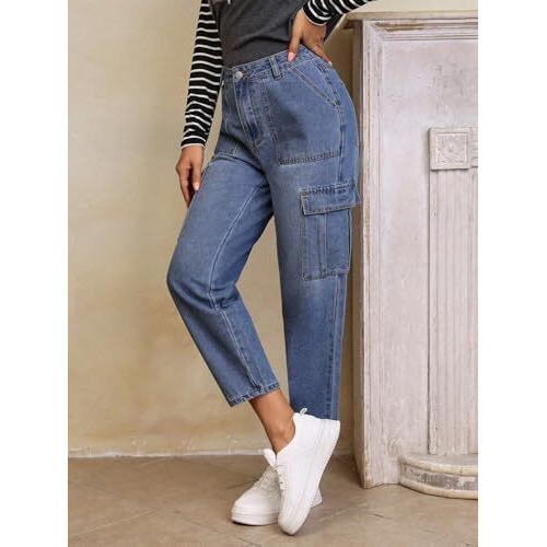 Kotty Women's Jean Slim Fit High-Rise Light Fade Stretchable Cargo Cargo Jeans(Blue,32)