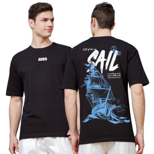 Adro Oversize T Shirt For Men | Drop Shoulder T Shirt | Mens Oversize T-Shirt | 220 Gsm Cotton Oversize Tshirt | Trendy Front And Back Printed T Shirt|Ovr24-L1-Sail-Bl-S Black