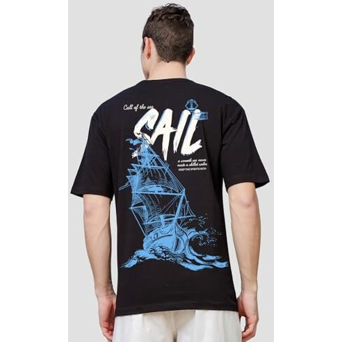 Adro Oversize T Shirt For Men | Drop Shoulder T Shirt | Mens Oversize T-Shirt | 220 Gsm Cotton Oversize Tshirt | Trendy Front And Back Printed T Shirt|Ovr24-L1-Sail-Bl-M Black