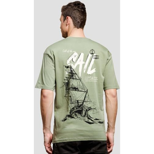 Adro Oversize T Shirt For Men | Drop Shoulder T Shirt | Mens Oversize T-Shirt | 220 Gsm Cotton Oversize Tshirt | Trendy Front And Back Printed T Shirt|Ovr24-L1-Sail-Ol-M Olive