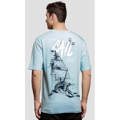 Adro Oversize T Shirt For Men | Drop Shoulder T Shirt | Mens Oversize T-Shirt | 220 Gsm Cotton Oversize Tshirt | Trendy Front And Back Printed T Shirt|Ovr24-L1-Sail-Sk-Xl Sky Blue
