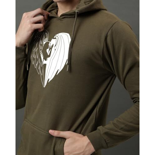 Adro Men's Cotton Neck Hooded Sweatshirt (H24-Devi-Ol_Olive