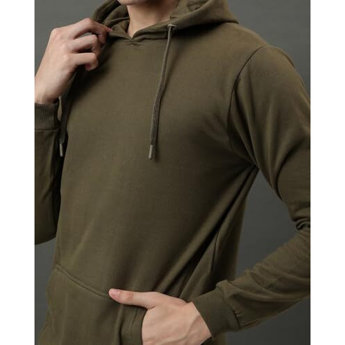 Adro Men's Cotton Neck Hooded Sweatshirt (H24-Pln-Ol-L_Olive)