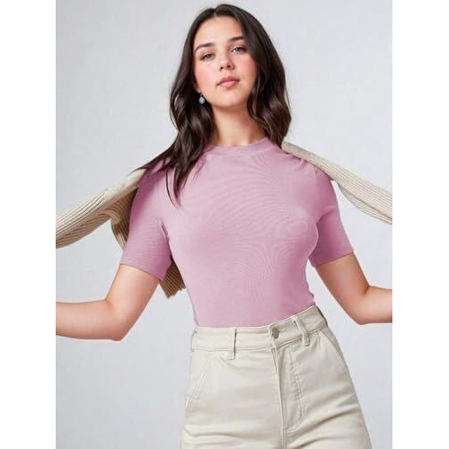 Kotty Women's Slim Fit Half Sleeve Ribbed T-Shirt(Pink_S)