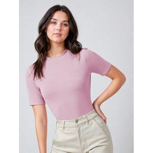 Kotty Women's Slim Fit Half Sleeve Ribbed T-Shirt(Pink_S)