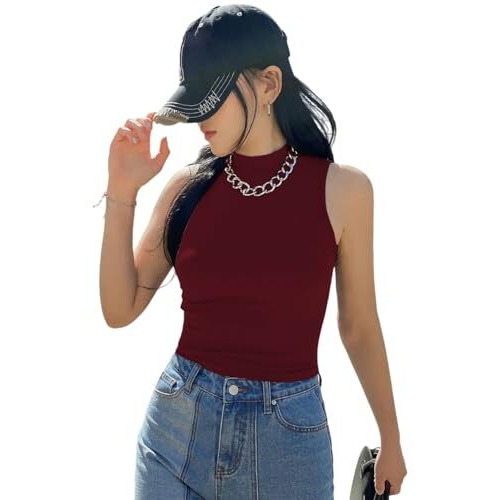 Kotty Women's Slim Fit Sleeveles Ribbed T-Shirt(Red,L)