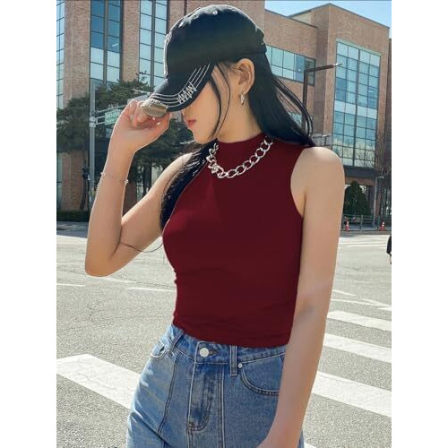 Kotty Women's Slim Fit Sleeveles Ribbed T-Shirt(Red,L)
