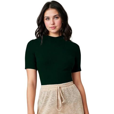 Kotty Women's Slim Fit Half Sleeve Ribbed T-Shirt(Green_L)
