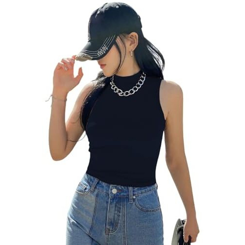Kotty Women's Slim Fit Sleeveles Ribbed T-Shirt(Blue,M)