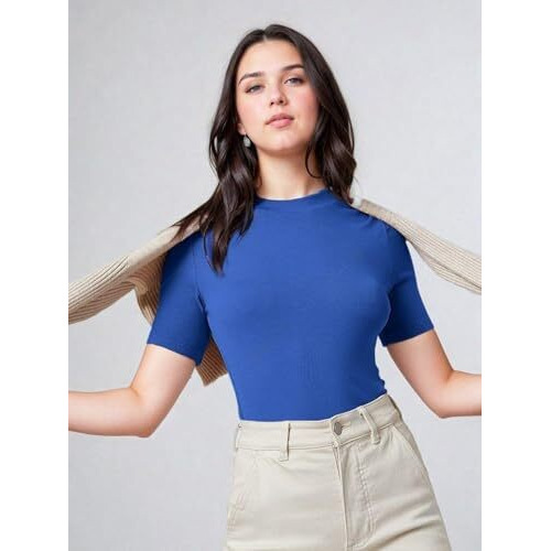 Kotty Women's Slim Fit Half Sleeve Ribbed T-Shirt(Blue_M)