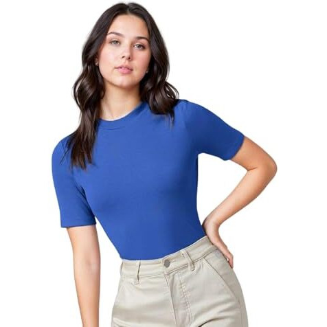Kotty Women's Slim Fit Half Sleeve Ribbed T-Shirt(Blue_Xl)