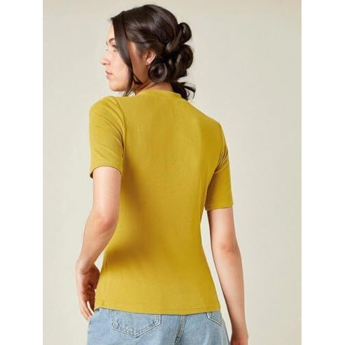 Kotty Women's Slim Fit Half Sleeve Ribbed T-Shirt(Yellow_Xl)