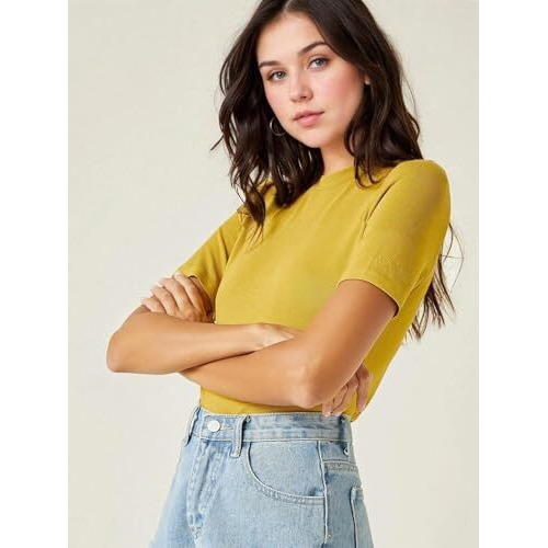 Kotty Women's Slim Fit Half Sleeve Ribbed T-Shirt(Yellow_Xl)
