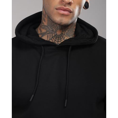 Adro Men's Cotton Neck Hooded Sweatshirt (H24-M-Pln-Bl_Black