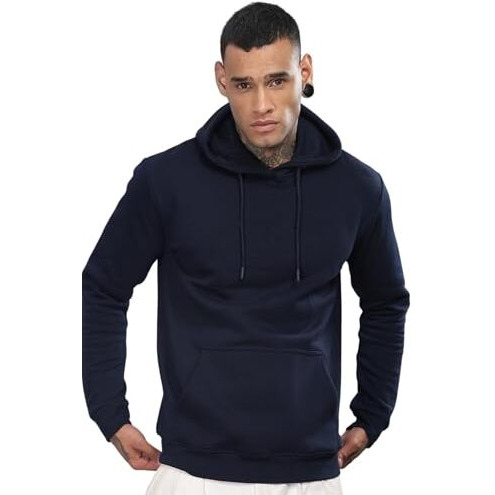 Adro Men's Cotton Neck Hooded Sweatshirt (H24-M-Pln-Nb-M_Navy Blue)