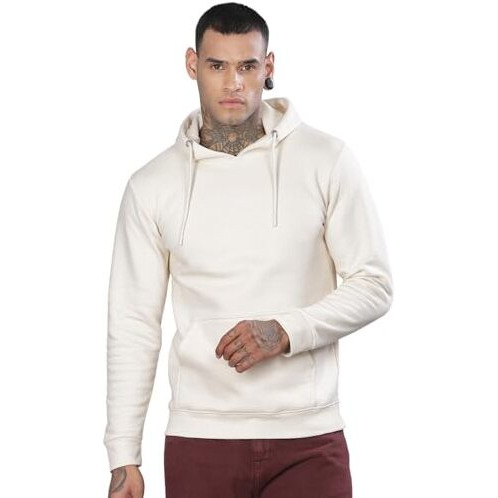 Adro Men's Cotton Neck Hooded Sweatshirt (H24-M-Pln-Ws_White Sand