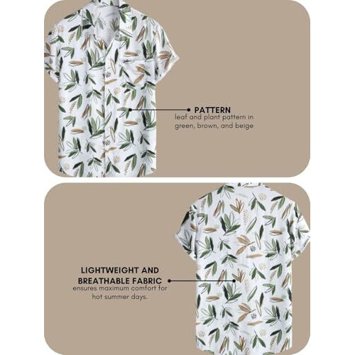 Leriya Fashion Shirt For Men | Tropical Leaf Printed Rayon Shirts For Men | Preppy Short Sleeves | Spread Collared Neck | Perfect For Outing | Beach | Camp Wear Shirt For Boys (Medium, White-Green)