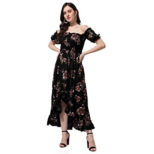 Oomph Women's Western & Fusion Wear Midi Dresses For Women, Off Shoulder, Black - Md453