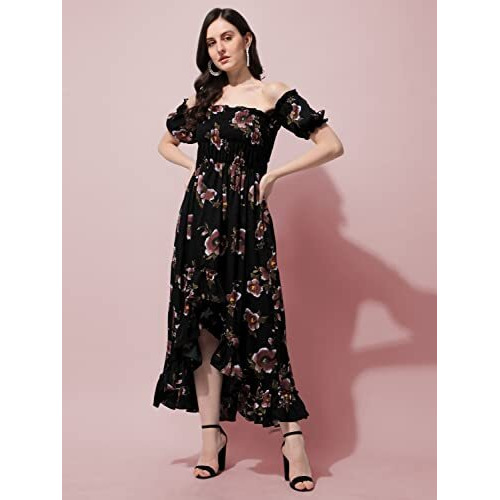 Oomph Women's Western & Fusion Wear Midi Dresses For Women, Off Shoulder, Black - Md453