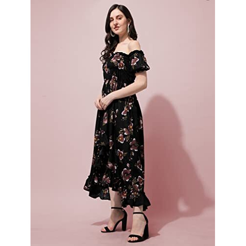 Oomph Women's Western & Fusion Wear Midi Dresses For Women, Off Shoulder, Black - Md453