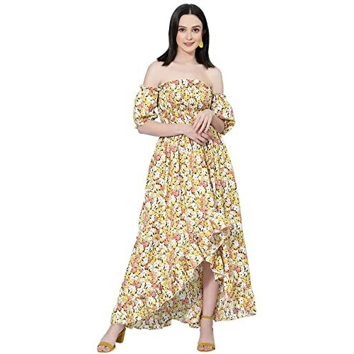 Oomph Women's Western & Fusion Wear Midi Dresses For Women, Off Shoulder, Yellow - Md674