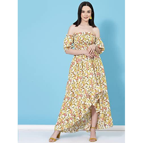 Oomph Women's Western & Fusion Wear Midi Dresses For Women, Off Shoulder, Yellow - Md674