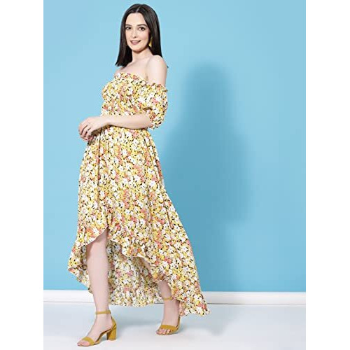 Oomph Women's Western & Fusion Wear Midi Dresses For Women, Off Shoulder, Yellow - Md674