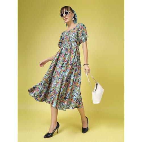 Oomph Women's Western & Fusion Wear Printed Crepe Dress For Women, Puffed Sleeve, Grey - Md992
