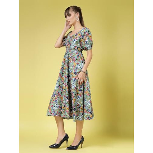 Oomph Women's Western & Fusion Wear Printed Crepe Dress For Women, Puffed Sleeve, Grey - Md992