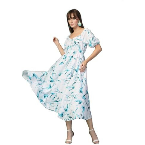 Oomph Women's Western & Fusion Wear Printed Crepe Dress For Women, Puffed Sleeve, Blue - Md1042