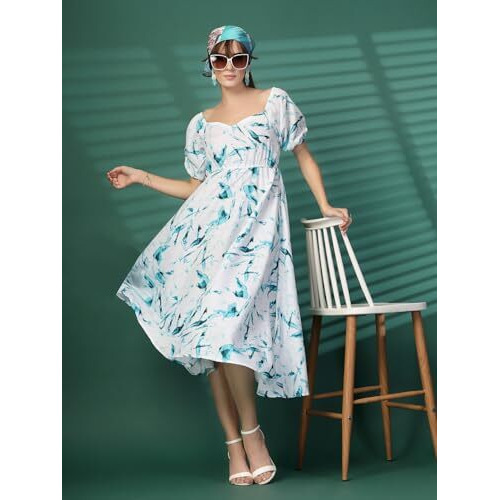 Oomph Women's Western & Fusion Wear Printed Crepe Dress For Women, Puffed Sleeve, Blue - Md1042