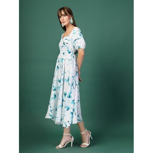 Oomph Women's Western & Fusion Wear Printed Crepe Dress For Women, Puffed Sleeve, Blue - Md1042
