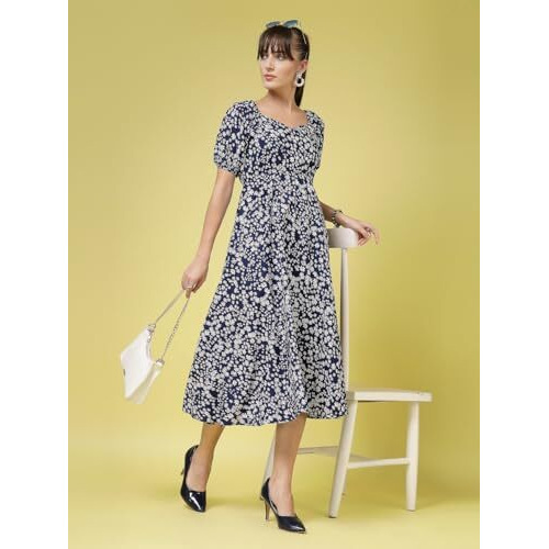 Oomph Women's Western & Fusion Wear Printed Crepe Dress For Women, Puffed Sleeve, White - Md990