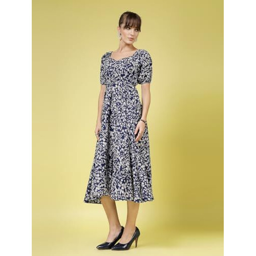 Oomph Women's Western & Fusion Wear Printed Crepe Dress For Women, Puffed Sleeve, White - Md990