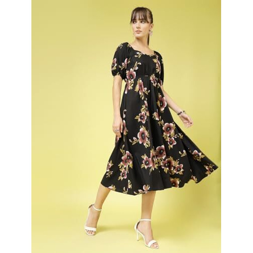 Oomph Women's Western & Fusion Wear Printed Crepe Dress For Women, Puffed Sleeve, Black - Md988